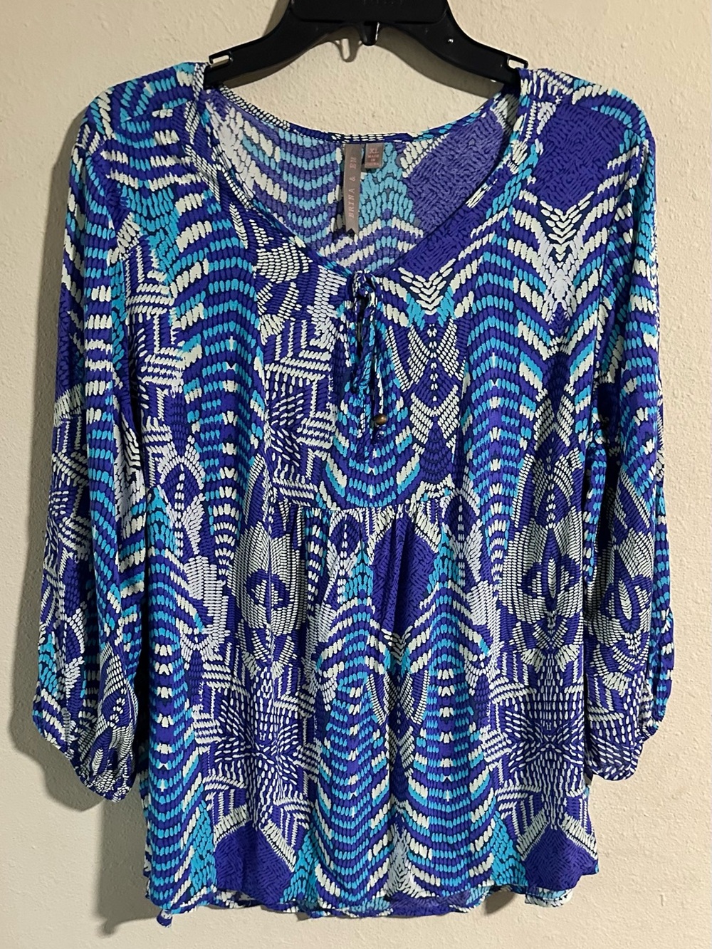 Brina & Em Women's Blue Patterned Tie-Neck Peasant Blouse